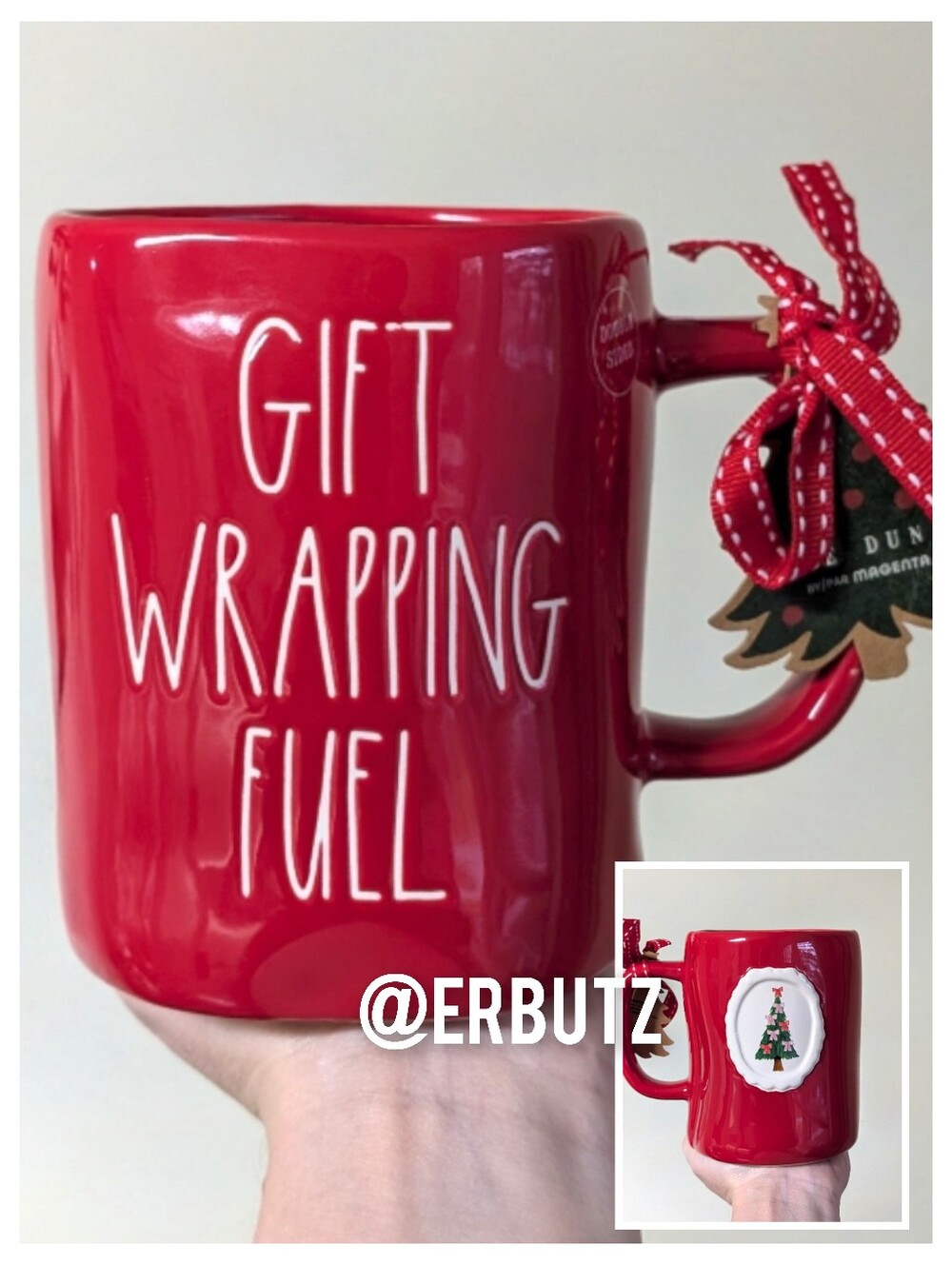 Rae Dunn GIFT WRAPPING FUEL Mug with Christmas Tree Design, Double Sided 🎄🎀